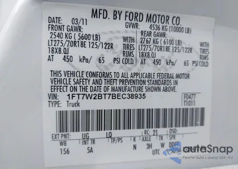 2011 Ford F-250 Lariat из США, поврежденный, VIN 1FT7W2BT7BEC38935